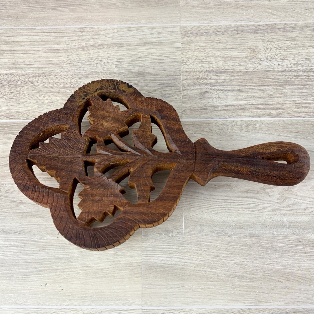 Wooden Trivet Open Work Vintage Handle 3 Ball Feet Hot Dish Hanging Decor MCM